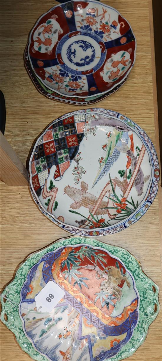 Four Japanese Imari dishes, a Masons ironstone bowl and a Chinese octagonal plate